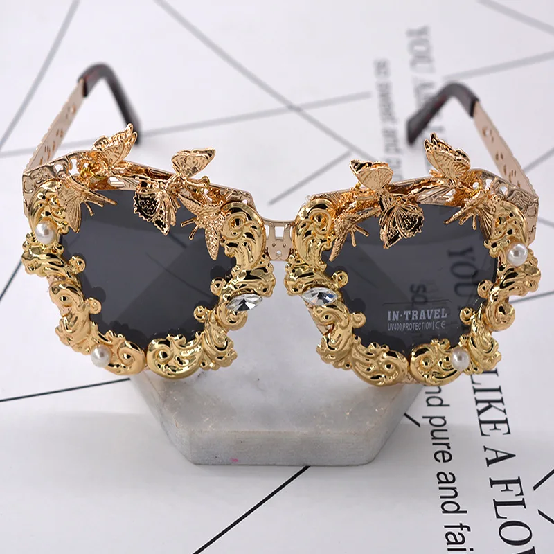 Lunettes de soleil de luxe rondes baroques, monture métallique à fleurs, style vintage, design de marque, accessoires de mode décontractés pour l'extérieur, lunettes de soleil pour femmes