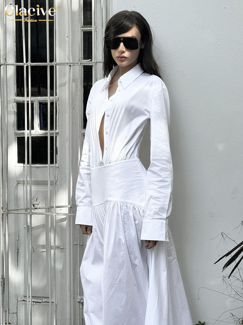ClacMarkets-Robe décontractée en coton blanc pour femme, manches longues, longueur de rinçage, revers élégant, robe femme classique, mode adt, 2025