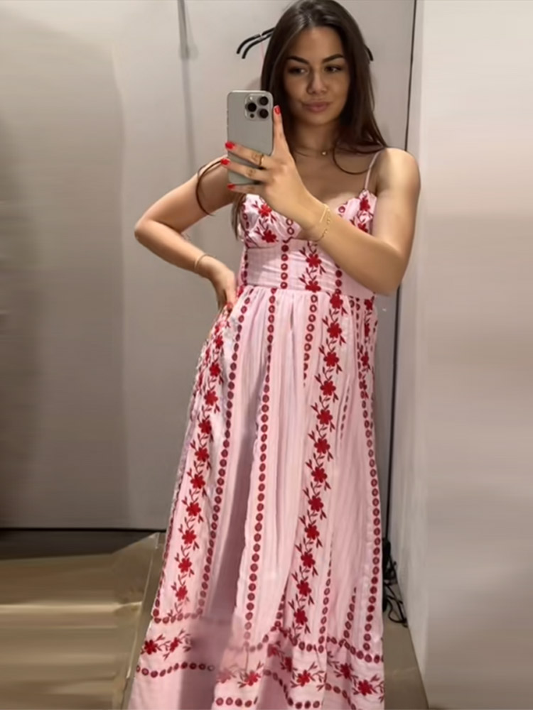 Robes longues imprimées florales pour femmes, bretelles Spaghetti, dos nu, coupe cintrée, sans manches, taille haute, robe de vacances brodée pour dames
