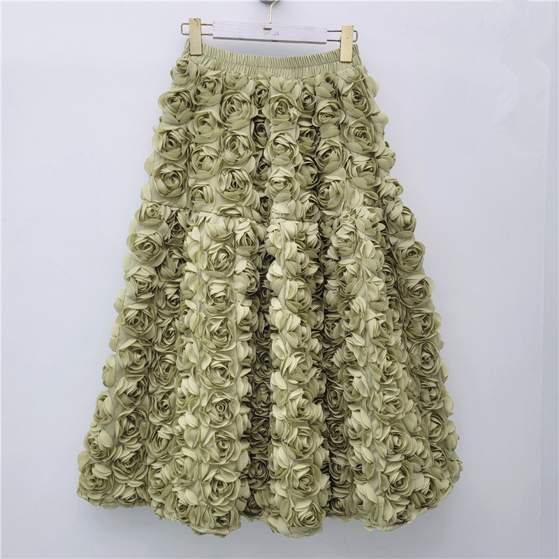 Jupe pour femmes 2025 été polyvalent fleur tridimensionnelle mi-mollet jupe taille haute grande balançoire mode a-ligne jupes longues