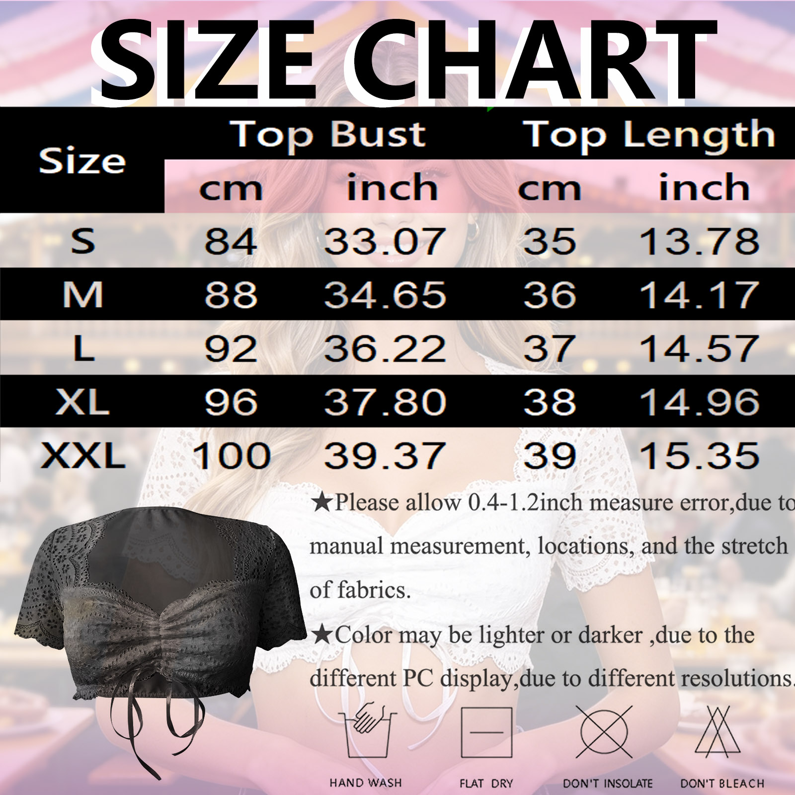Chemisier élégant pour femme, blanc, manches courtes, style Dirndl, en dentelle transparente, crop top, chemise de bière bavaroise, costume traditionnel