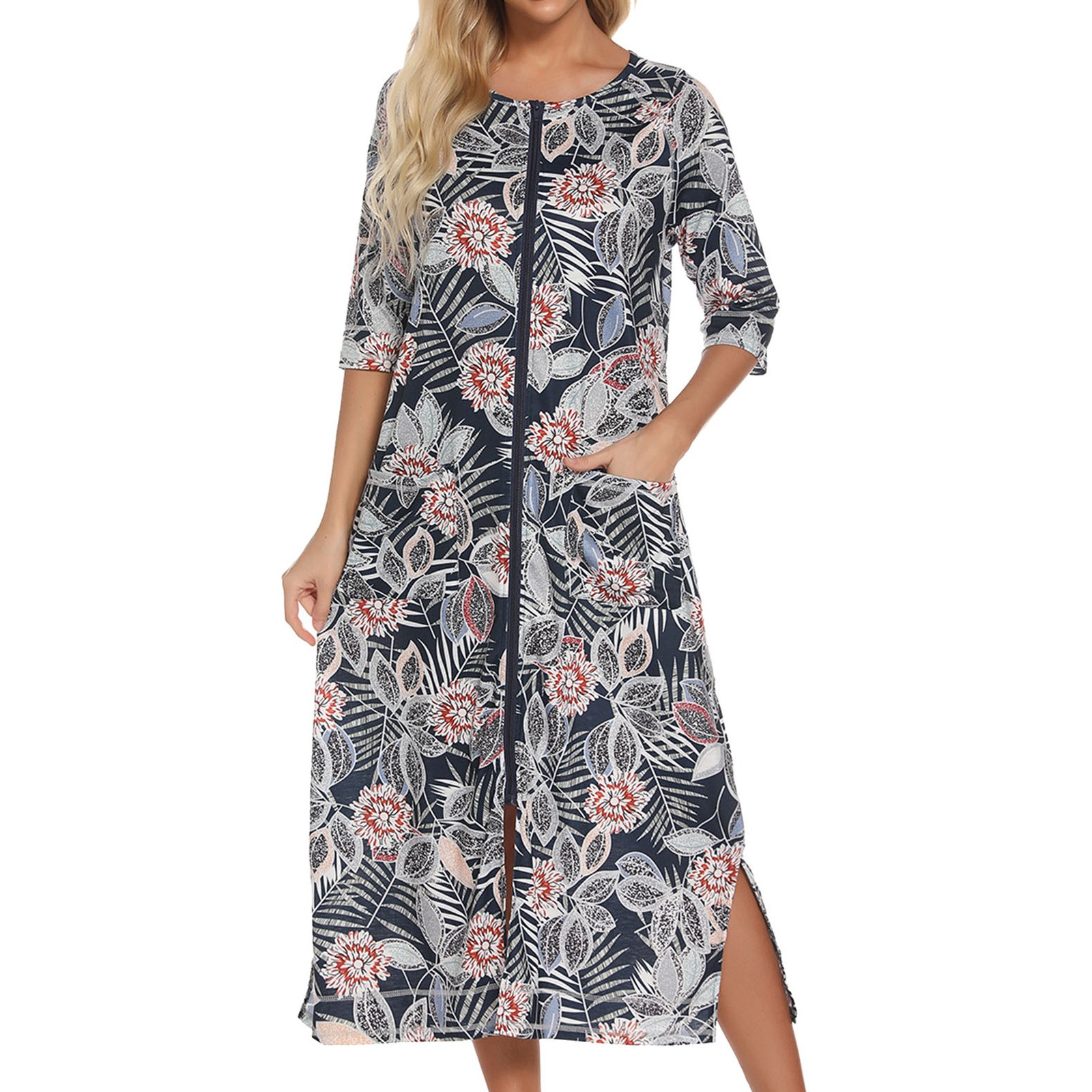 Robes d'été pour femmes, robe à fermeture éclair sur le devant, demi-manches, peignoir pleine longueur, robe plumeau en coton doux avec poches, vêtements de maison, 2024