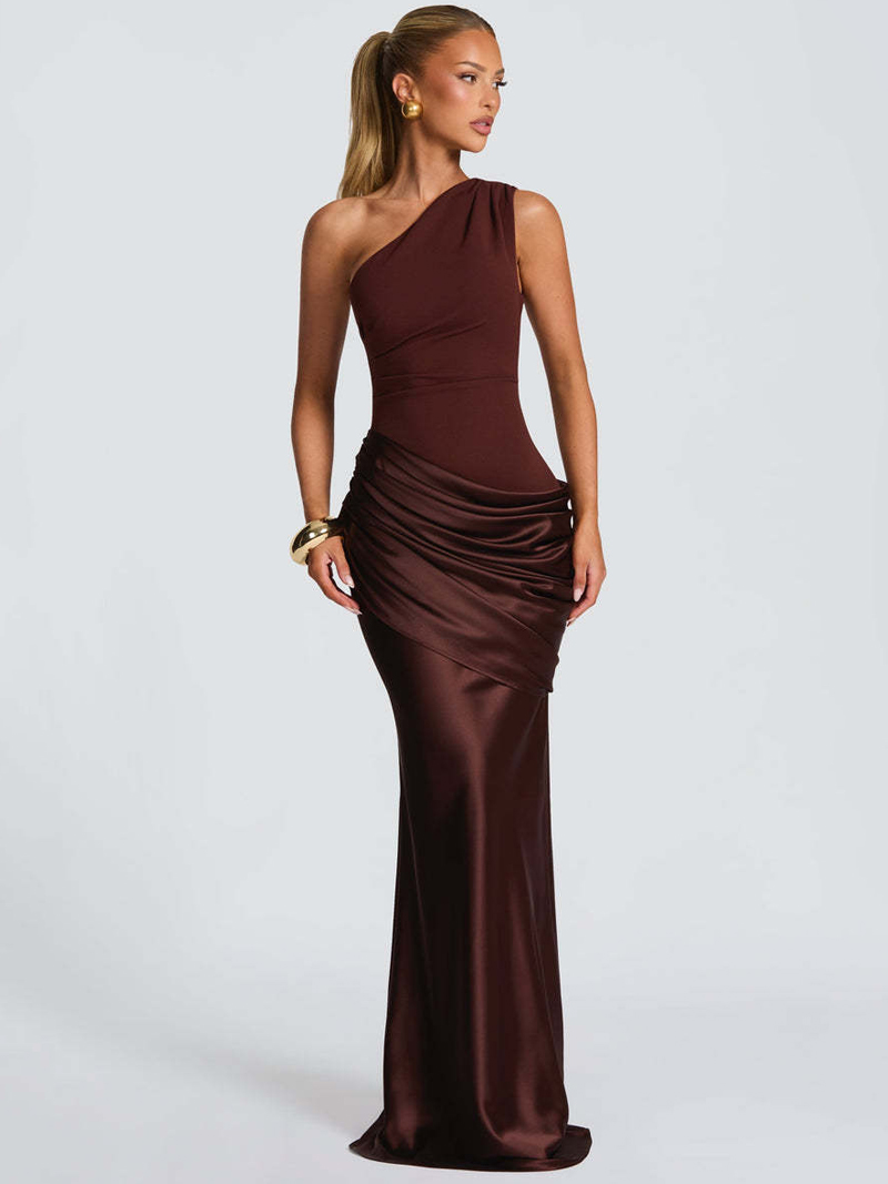 Nouvelle Robe de Soirée en Satin Patchwork 2026, Asymétrique à Une Épaule, Sans Manches, pour Bal de Promo et Fêtes, Robe Longue Sexy Froncée Moulante pour Femme