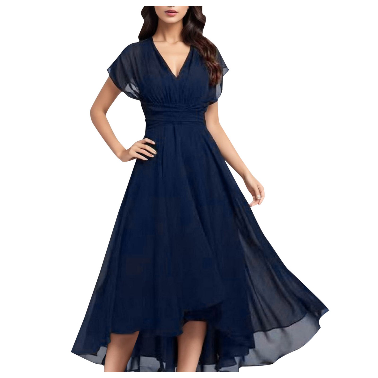 Robe longue en mousseline de soie pour femmes, robe de demoiselle d'honneur, élégante, col en V, mince, taille haute, Flutter, maille transparente, manches longues