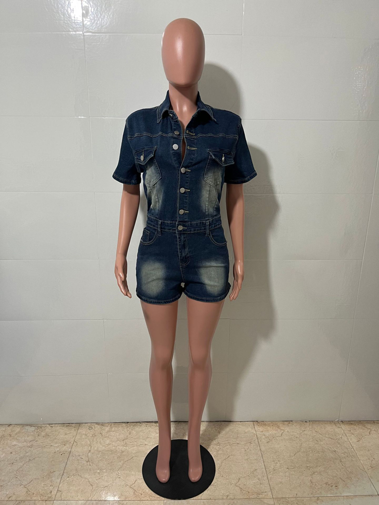 Barboteuse une pièce en Denim pour femmes, Sexy, moulante, Streetwear, Club Y2k, tenues à la mode, poches, boutons, short en Jean délavé, combinaison