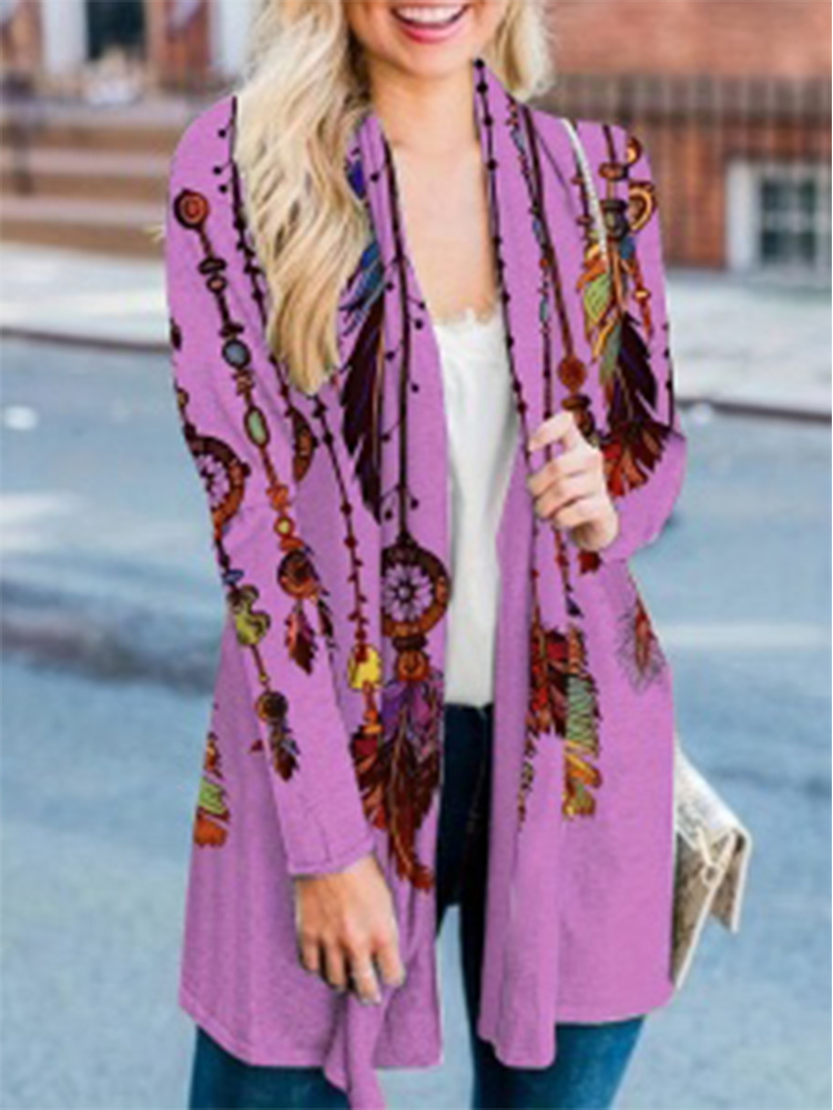 Nouvelle Collection Automne/Hiver 2026 : Cardigan Femme Tendance à Manches Longues, Imprimé Plumes Rétro, Coupe Décontractée, Grandes Tailles