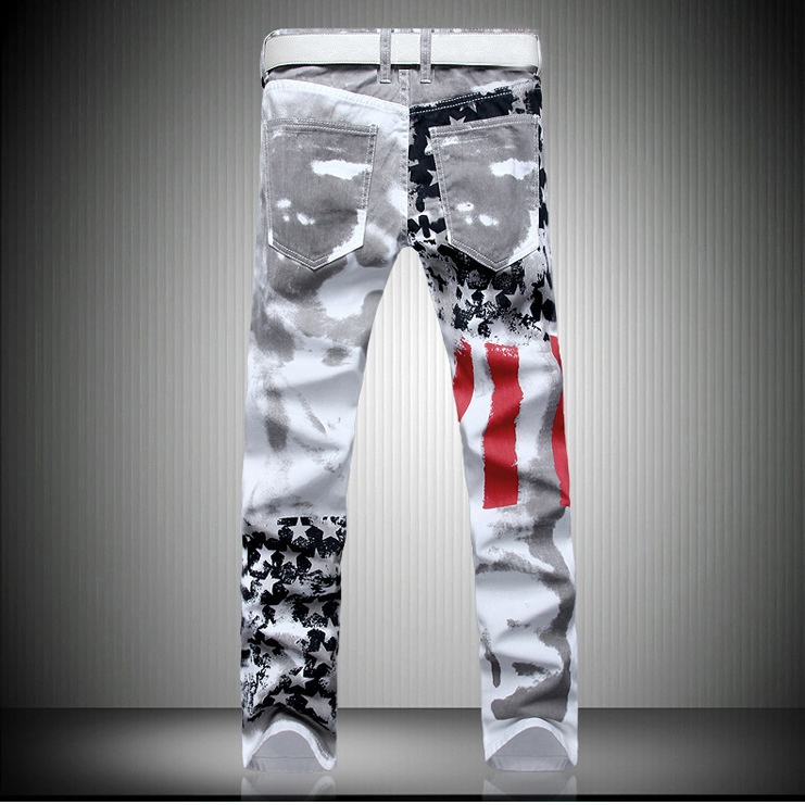 Jeans pour jeunes hommes européens et américains, nouveau Style, pantalons blancs, coupe Slim, décontractés pour hommes avec rayures rouges et pentagrammes