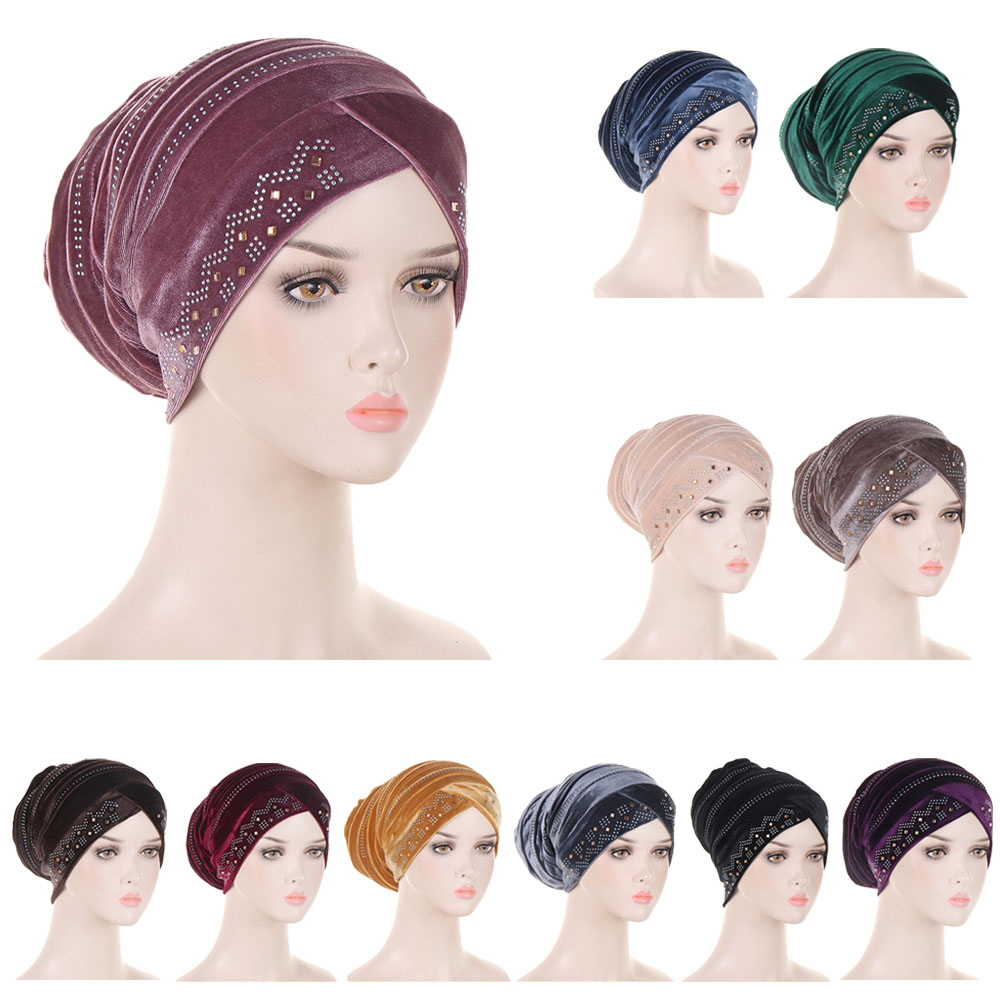 Hijabs d'intérieur en velours musulman pour femmes, bonnet croisé, capuchons de chimio, enveloppe de sauna en diamants, couvre-chef Islam, chapeau écharpe, turbans, accessoires pour cheveux