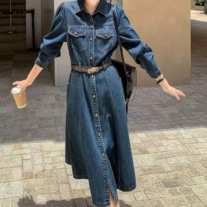 Robes en jean pour femmes, coupe trapèze, unies, longueur mi-mollet, manches longues, poches, simple boutonnage, style décontracté chic pour le bureau, Printemps 2026