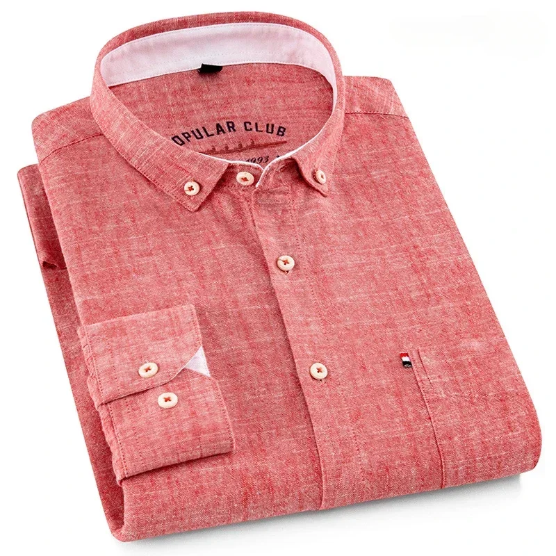 Chemises en lin et coton à manches longues pour hommes, style coréen, coupe ajustée, décontractées, unies, avec poche unique, chemise blanche de créateur