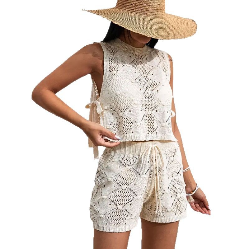 Ensemble 2 pièces tricoté au Crochet pour femmes, col rond, sans manches, fente latérale, débardeur à lacets + short, costume de plage Vacatioin