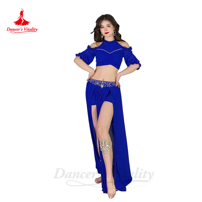 Ensemble de costumes de danse du ventre pour femmes, haut en gaze à demi-manches + jupe fendue avec pierres AB senior, tenue de danse du ventre orientale pour adultes, 2 pièces