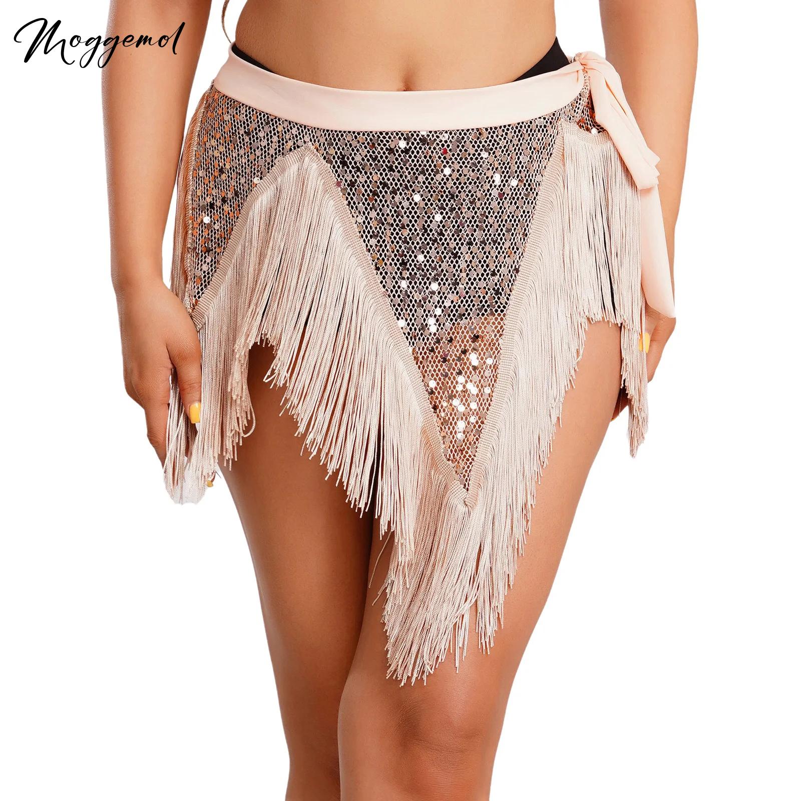 Foulard de danse du ventre pour femme, en maille filet à sequins, avec ourlet irrégulier et franges, jupe de danse à nouer à la taille
