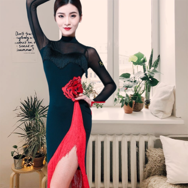 Robe à manches longues pour femmes, grande jupe de danse à fleurs rouges et pompons, tenue de danse latine, costume sexy noir pour filles et adultes, rumba 2026