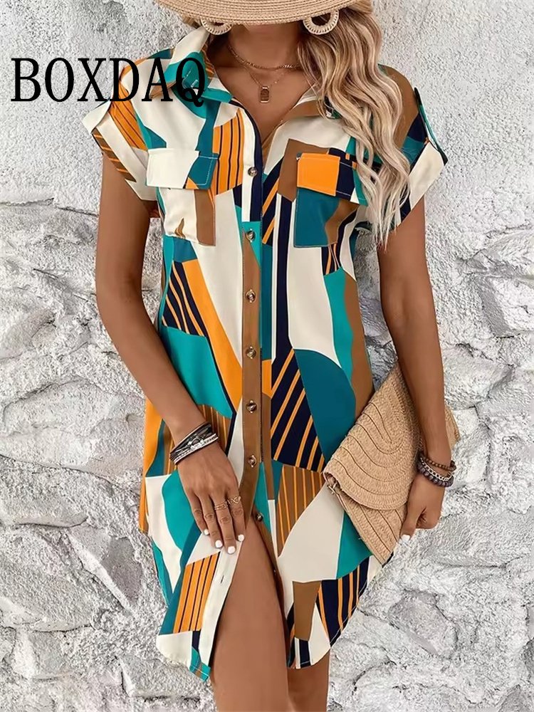 Robe d'été pour femmes, mode géométrique imprimée, manches courtes, robe de soirée élégante, décontractée, boutons, chemises à revers, 2025
