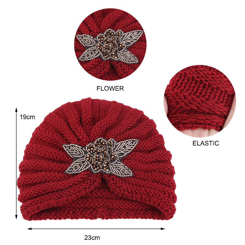 Bonnet Turban Tricoté avec Broderie Florale et Perles, Bandeau Torsadé, Bonnet Hijab Musulman d'Hiver, Bonnet Chimio, Accessoires pour Cheveux Femme