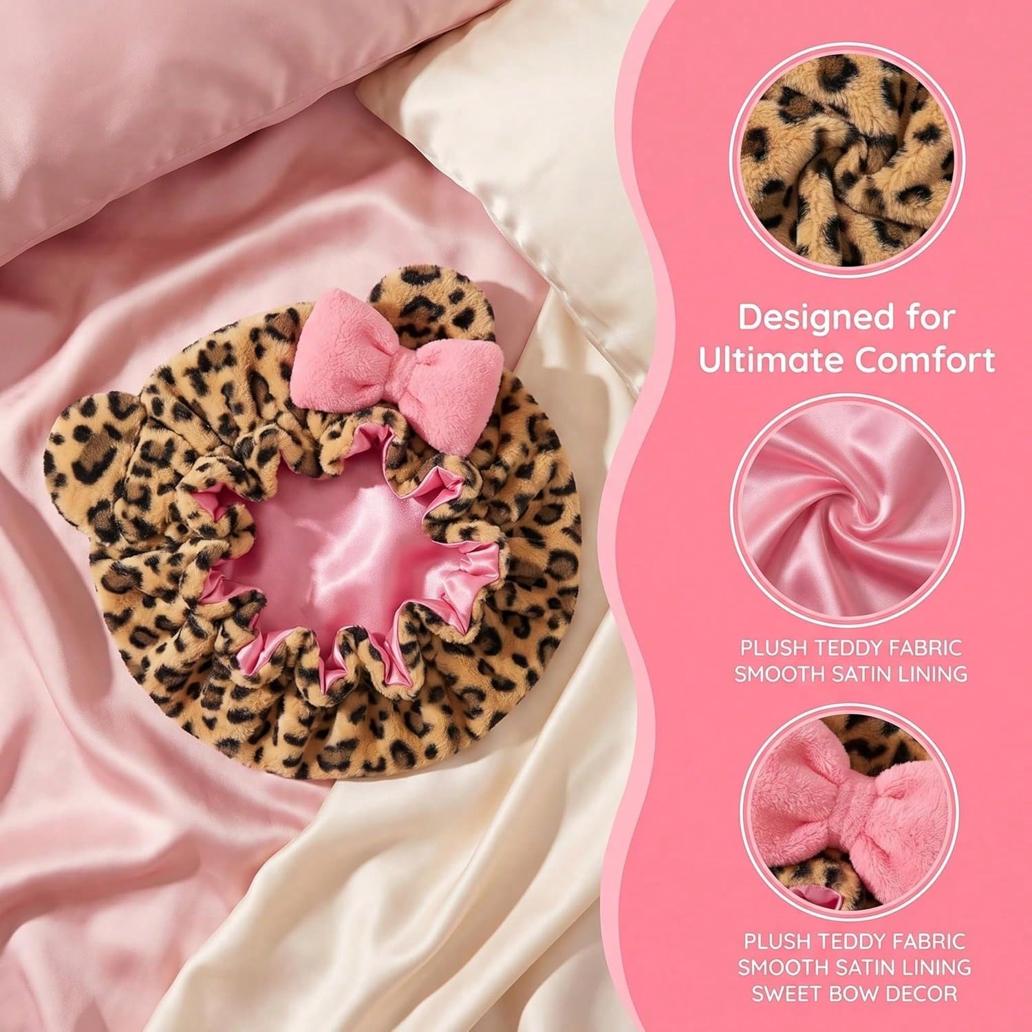 Bonnet de nuit en peluche imprimé léopard avec grand nœud, doublure en satin, doux et moelleux, ajustable avec oreilles d'ours