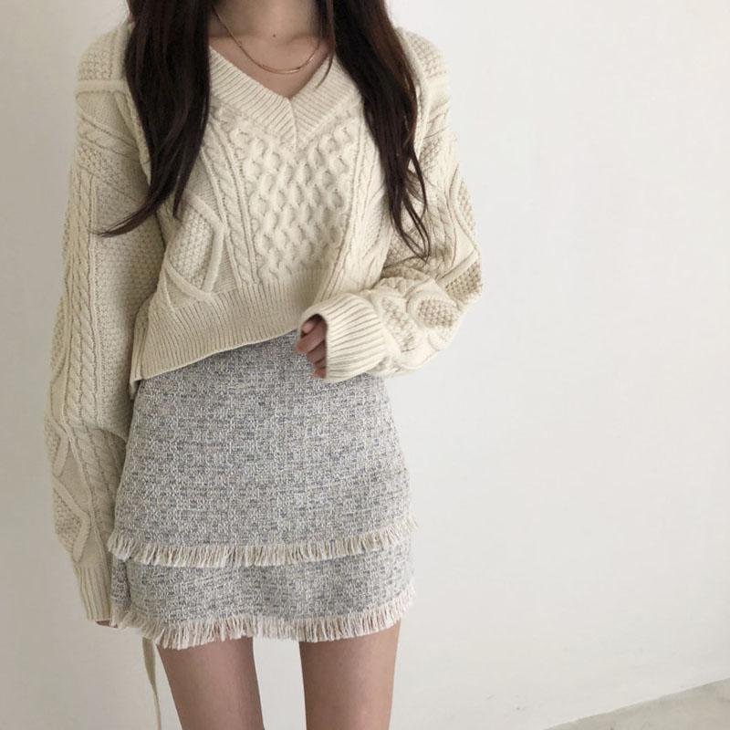 Pull en tricot décontracté japonais pour femmes, version coréenne, automne et hiver, nouveau style rétro, motif chanvre, col en V à nouer dans le dos.