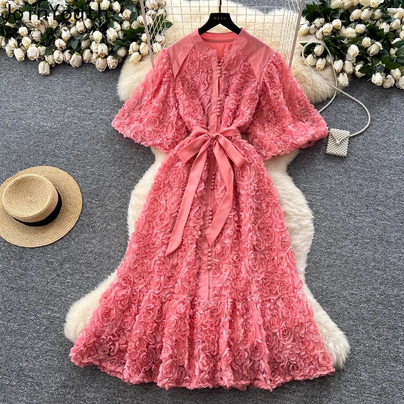 Femme élégante robes lourd 3D Floral doux Chic Robe Femme taille mince simple boutonnage pansement Maxi Robe 2025 robes De Mujer