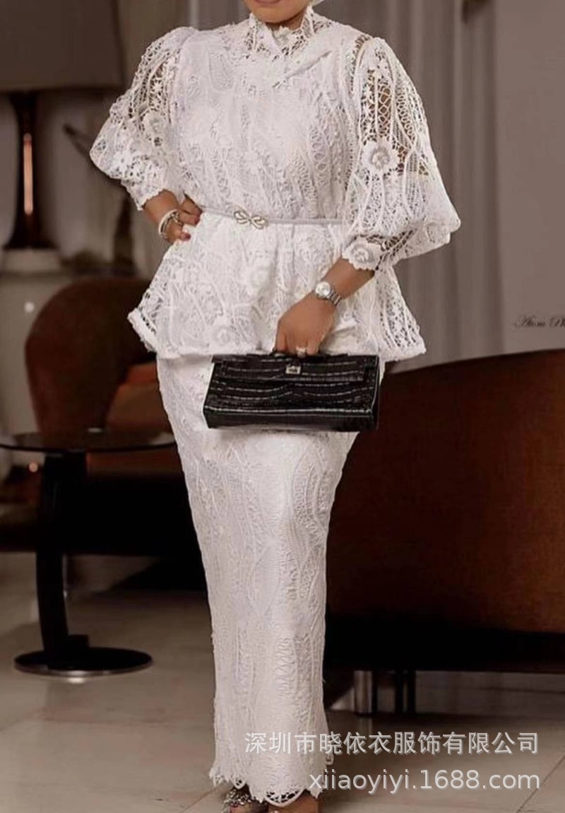 Ensemble jupe deux pièces pour femmes, robe à manches bouffantes, hauts en dentelle florale, taille haute, Streetwear Y2k, jupes longues élégantes pour mariage