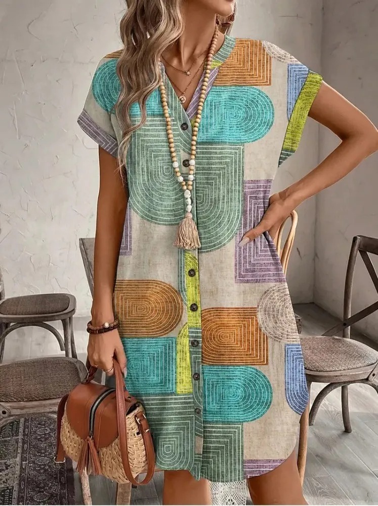 Robe élégante à col en V et boutons, imprimé géométrique, pour femmes européennes et américaines, été, style étranger