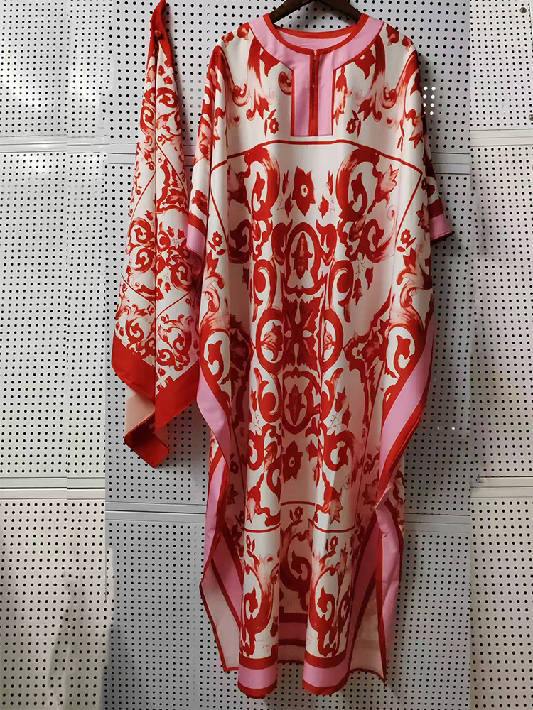Robe ample élégante à imprimé floral bohème pour femme 2026, col semi-ouvert, manches chauve-souris, robe de vacances avec foulard en soie