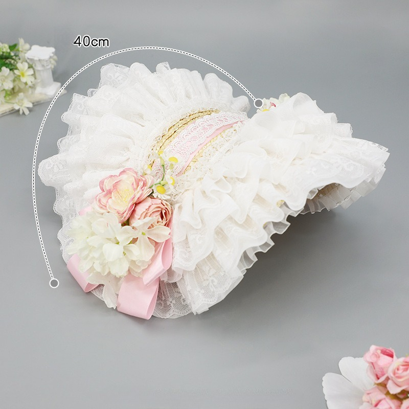 Chapeau plat Lolita en paille tressée élégante avec nœud floral, style pastoral, pour mariage, thé, fête, avec dentelle, style français éclatant, bonnet d'été, Gorra