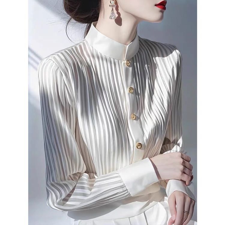 Chemise en mousseline de soie pour femmes, nouveau Cardigan Unique à manches longues avec boutons rayés contrastés gris, printemps