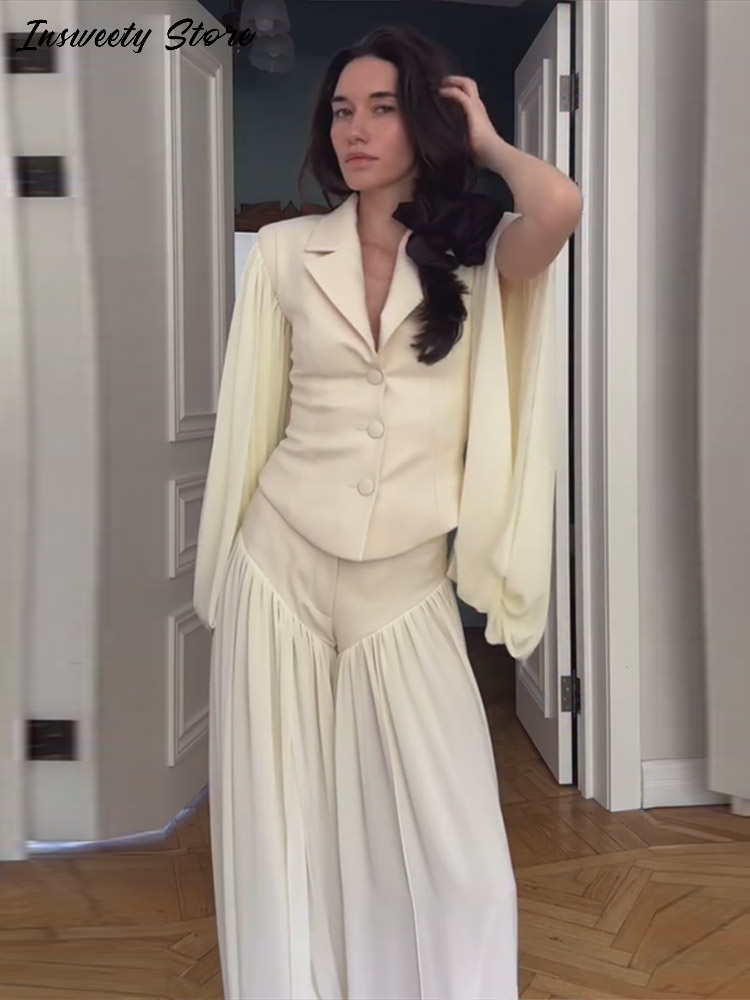 Ensemble pantalon et haut à revers fendu pour femme, veste unie à simple boutonnage et pantalon plissé patchwork, nouvelle collection 2026, tenue décontractée pour femme