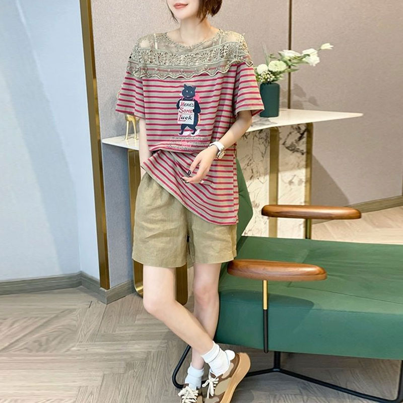 T-shirt à manches courtes en dentelle évidée pour femmes, pulls épissés, vêtements décontractés, t-shirt imprimé rayé, coréen, été, 2023
