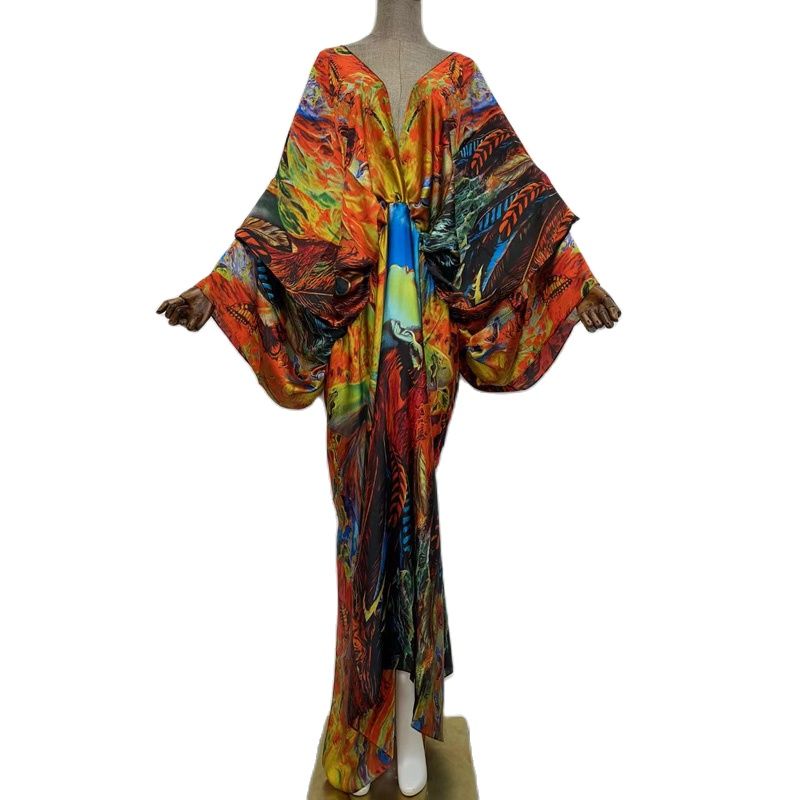 Robe longue de plage en soie, caftan, sensation de soie, rayonne, imprimé, à la mode, WINYI, Maxi, col en v, style bohème, 2021