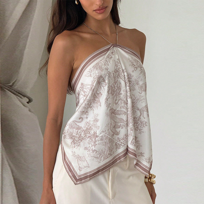 Haut cache-cœur vintage en satin pour femme, imprimé jungle élégant, dos nu, style bandana, débardeur d'été décontracté pour la plage