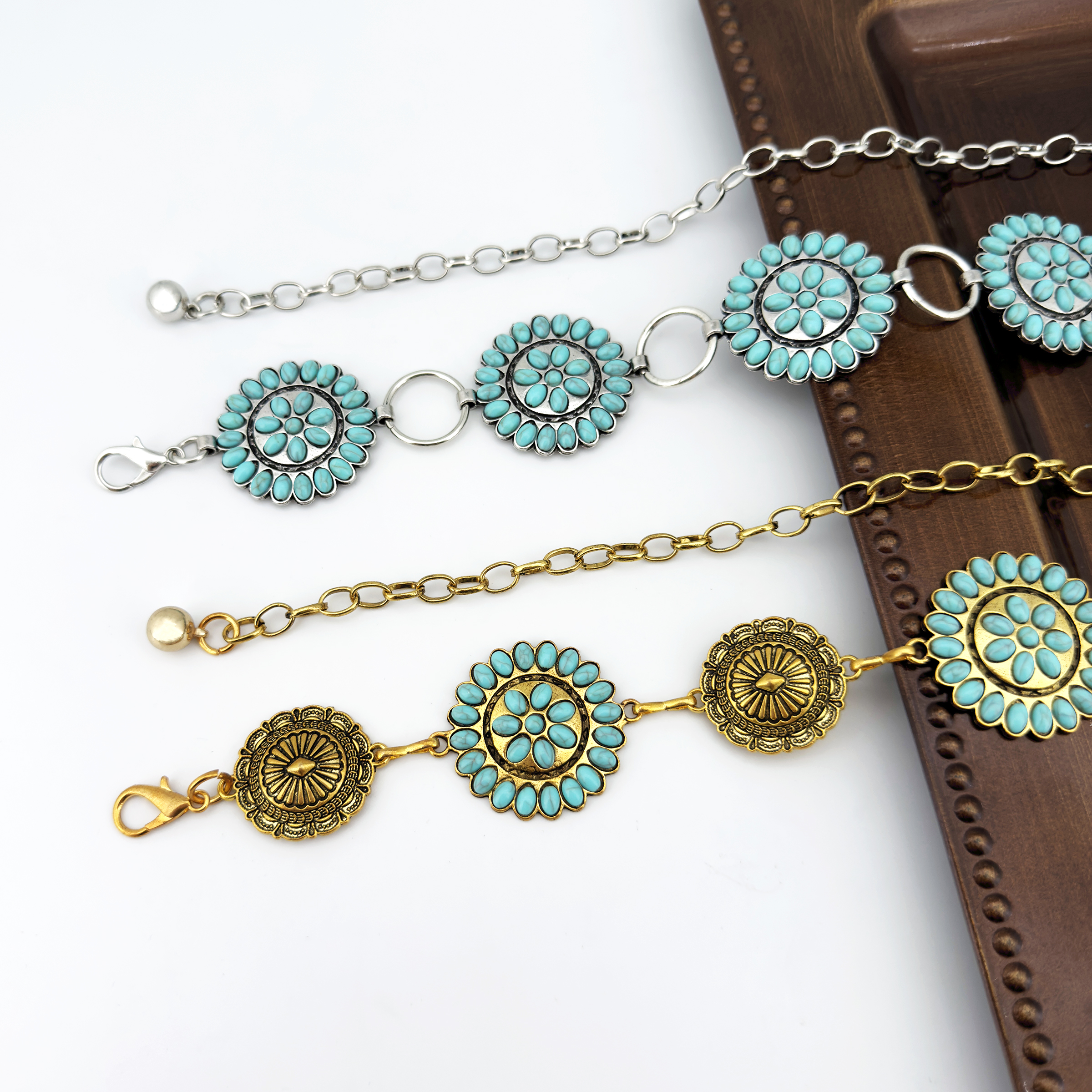 Ceinture ethnique ronde style western tendance pour femme, incrustée de turquoise ; polyvalente pour robes, jeans, mode Y2K et avant-gardiste