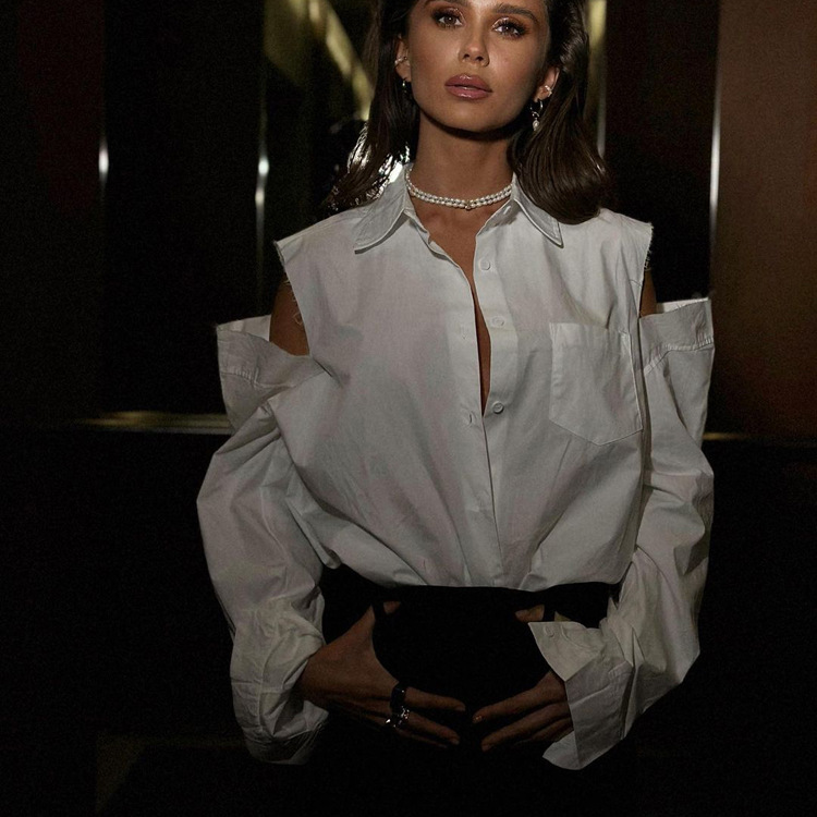Chemise blanche ample et Sexy pour femmes, élégante, manches longues, revers ajouré, chemises et chemisiers, hauts Blusa, Streetwear féminin, 2023