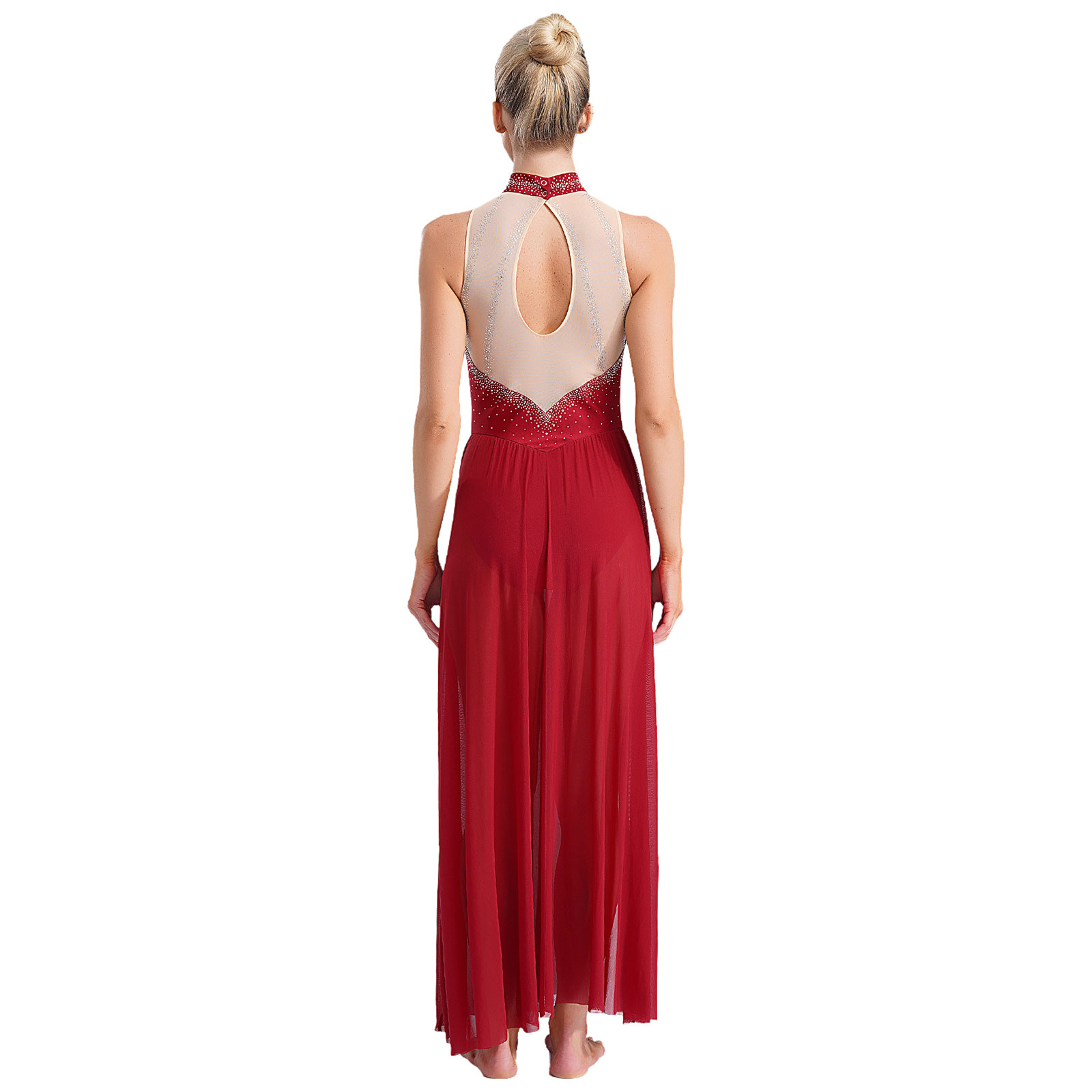 Robe de danse lyrique pour femmes, diamants brillants, col licou, justaucorps de Ballet fendu, jupes Maxi, Costume de salle de bal moderne et contemporain