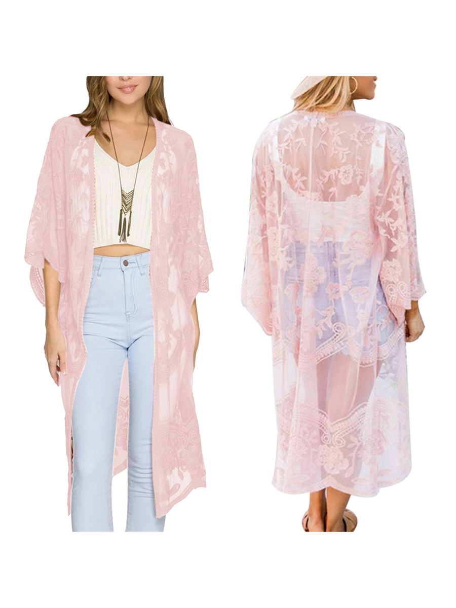 Robe de plage transparente brodée de fleurs pour femmes, cardigan uni, couverture de document, manches 3/4, vêtements de plage, vacances d'été