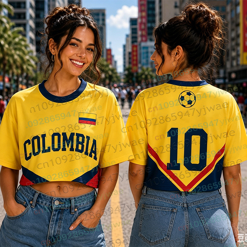 Maillot de football pour femmes et hommes, style cheerleader, Colombie, crop top, décontracté, streetwear, plage, pour les fans de football