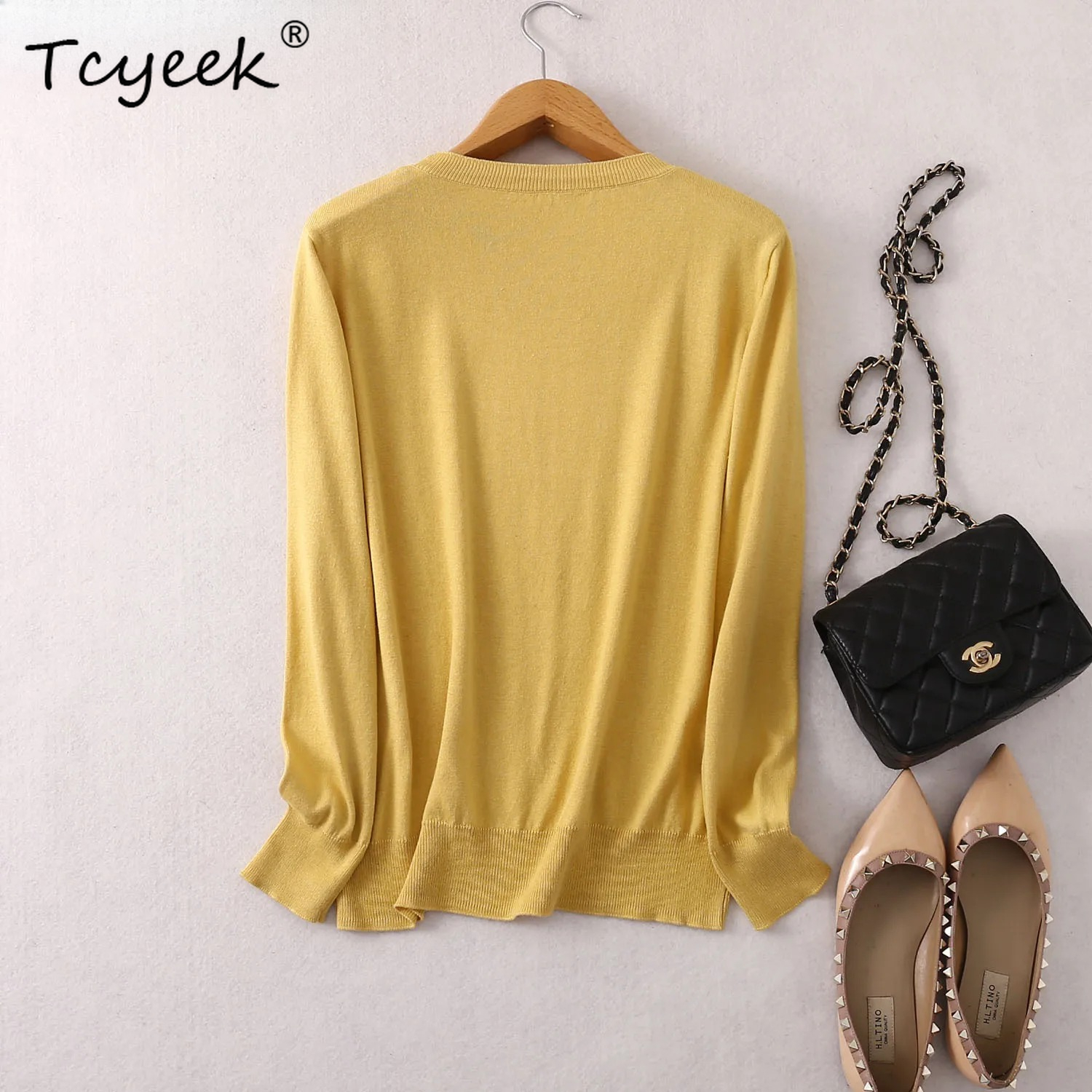 Tcyeek – pull à manches longues pour femmes, 85% soie de mûrier, 15% cachemire, col rond, chemise à manches longues pour tous les jours, JN541-1