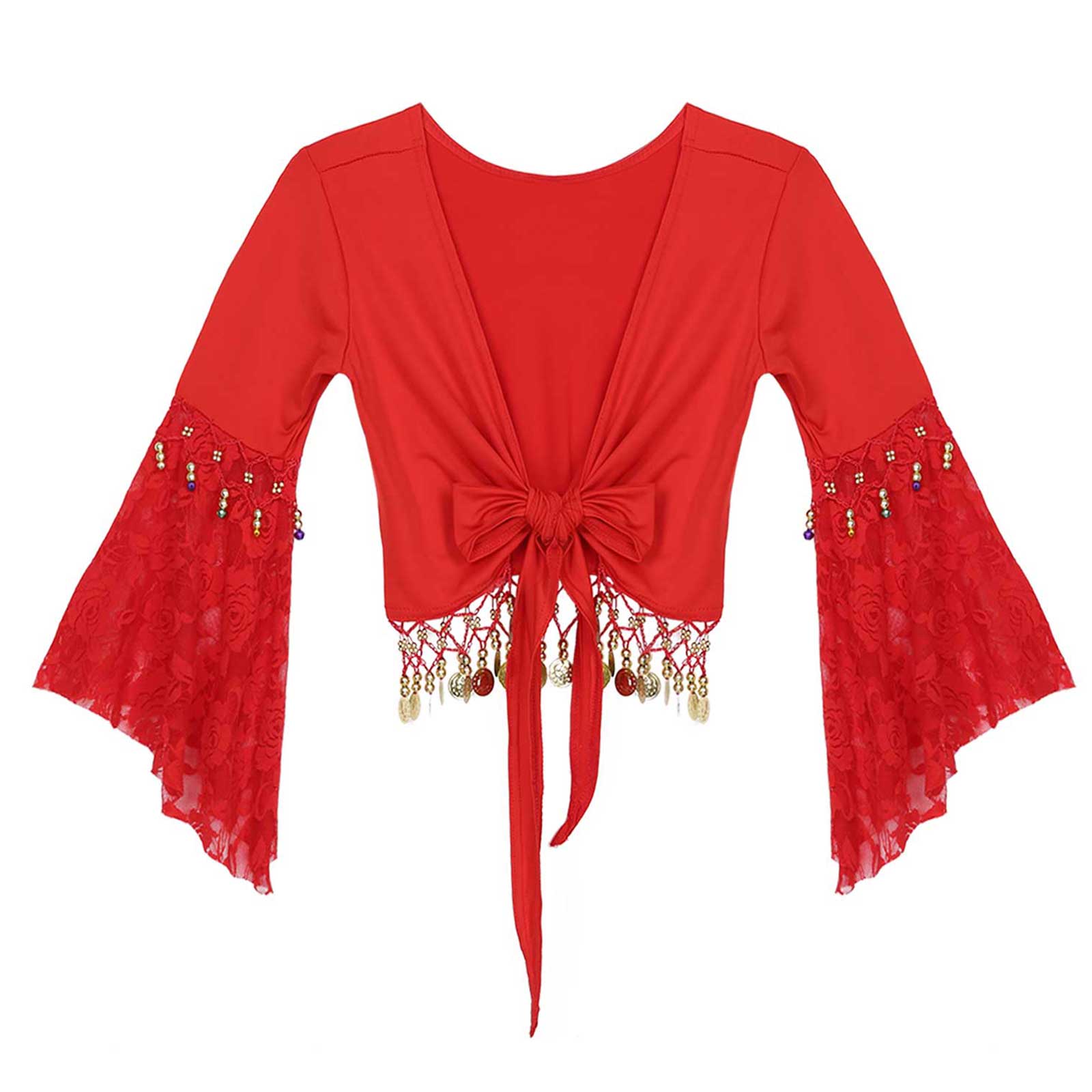 Costume de danse du ventre indien pour femme, patchwork de dentelle, manches évasées trois quarts, pompon perlé, châle droit, haut court, cardigan, vêtements de danse