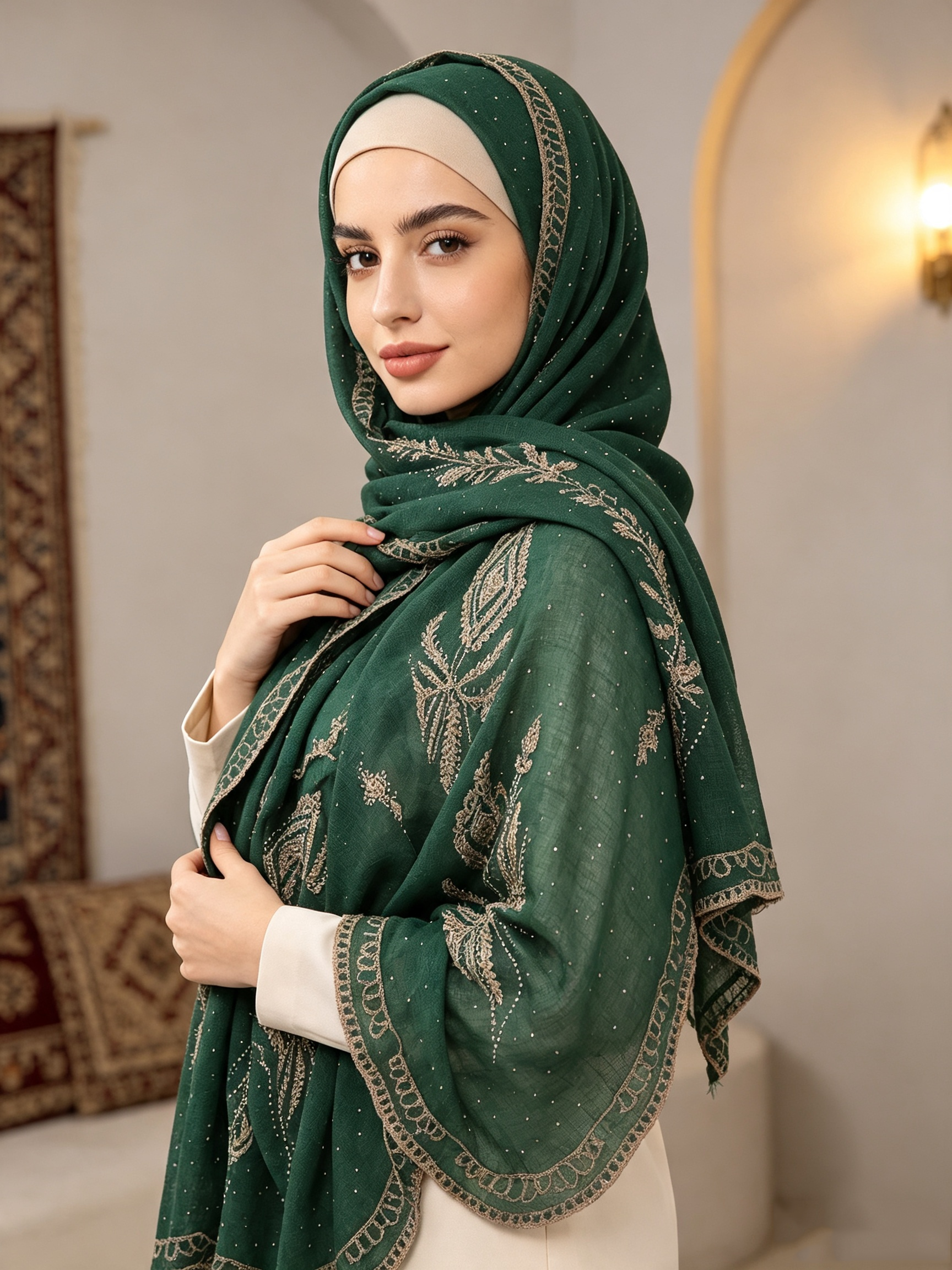 Hijab de luxe doré à broderie ethnique, orné de strass et de dentelle, foulard doux et texturé pour femmes musulmanes.