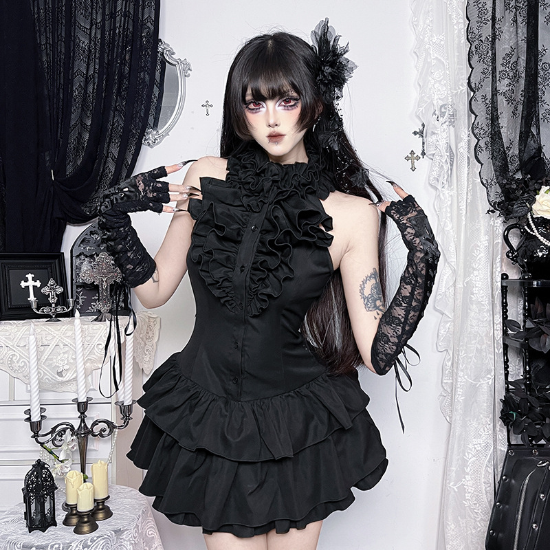 Robe pour femme de style gothique sombre avec taille à volants, jupe courte à volants superposés, en fibre de polyester, sans élasticité, coupe trapèze