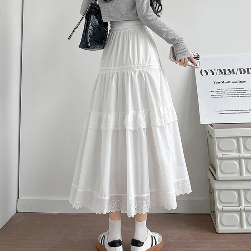 Jupe plissée en dentelle blanche coréenne pour femmes, taille haute, Patchwork de gâteau, jupes longues, Chic, ample, ligne A, été, 2025