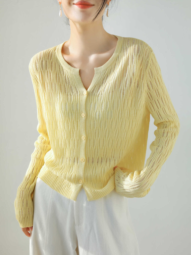 Cardigan en tricot à col rond et manches longues, style festonné, en lin et soie glacée ajouré, couleur unie, pour femme, Nouvelle collection Printemps-Été 2026