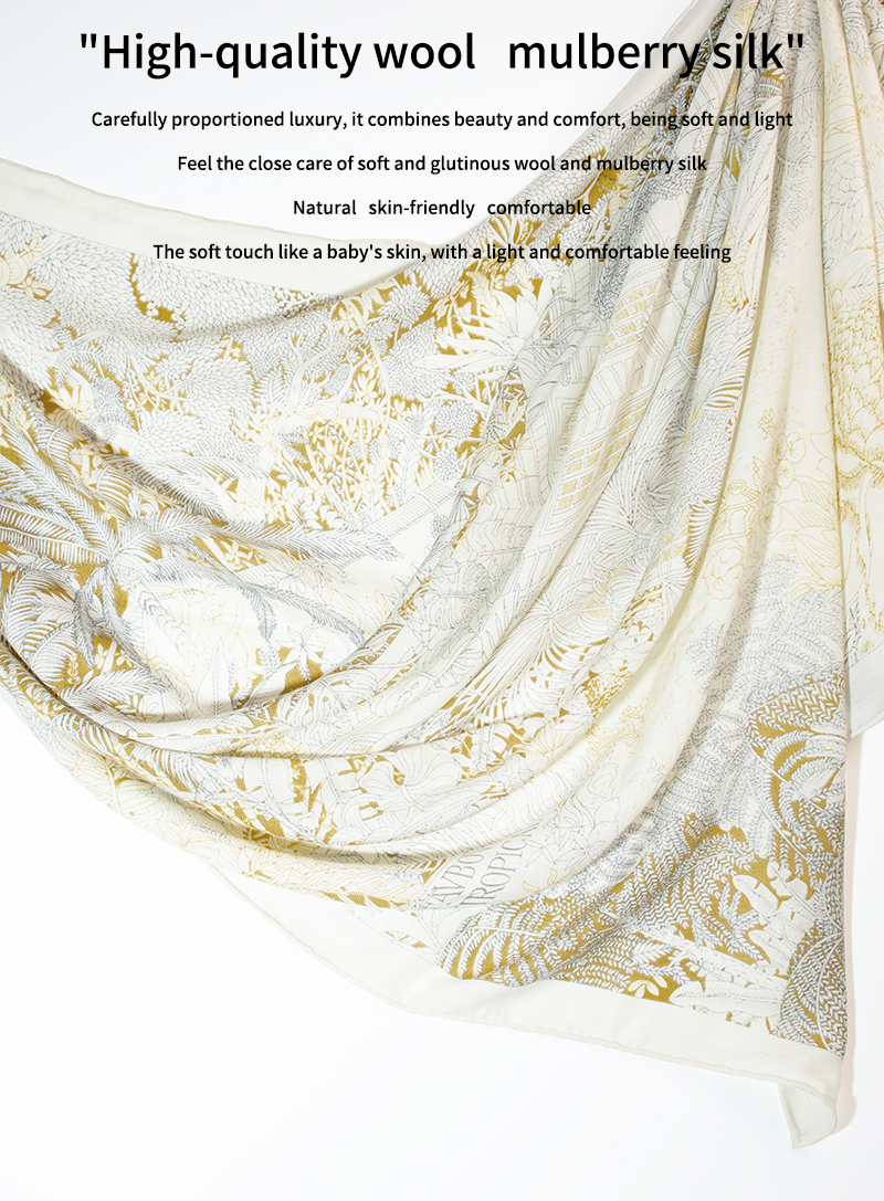 Châle de luxe pour femme 140x140cm en mélange de soie et de laine, imprimé feuilles de palmier, écharpe chaude pour l'automne et l'hiver, enveloppement élégant pour femmes