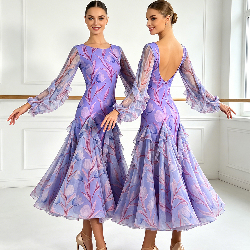 Robe de danse de salon pour femme, imprimé floral violet, dos nu, manches longues, volants, grande jupe évasée, pour la danse de la valse, la compétition moderne et la pratique