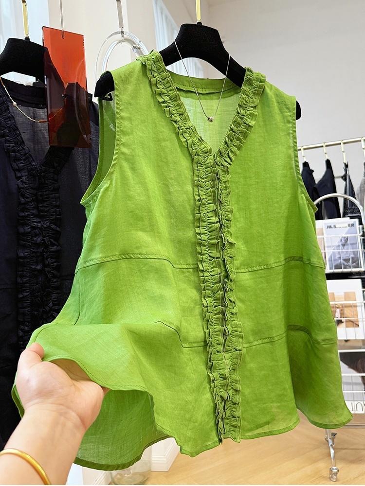 Chemise ample et unie pour femmes, vêtements d'été décontractés, mode, col rond, plis, manches courtes, haut français polyvalent, pulls Y2k