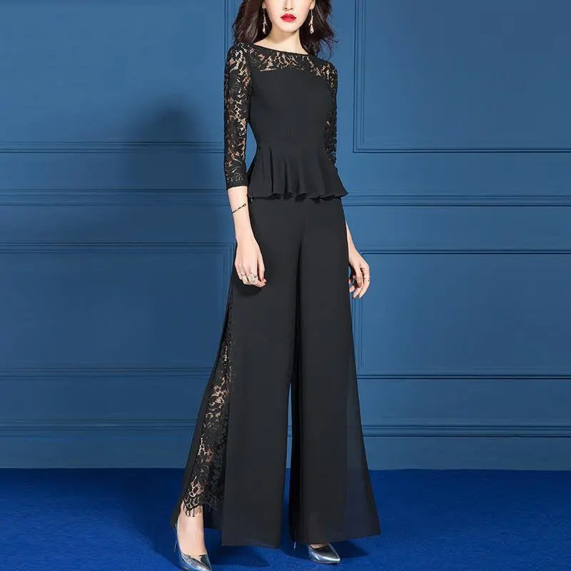 Femmes élégantes tenues 2025 printemps été pantalons de travail costumes OL 2 pièces coréen ample large jambe pantalon femme décontracté dentelle ensemble