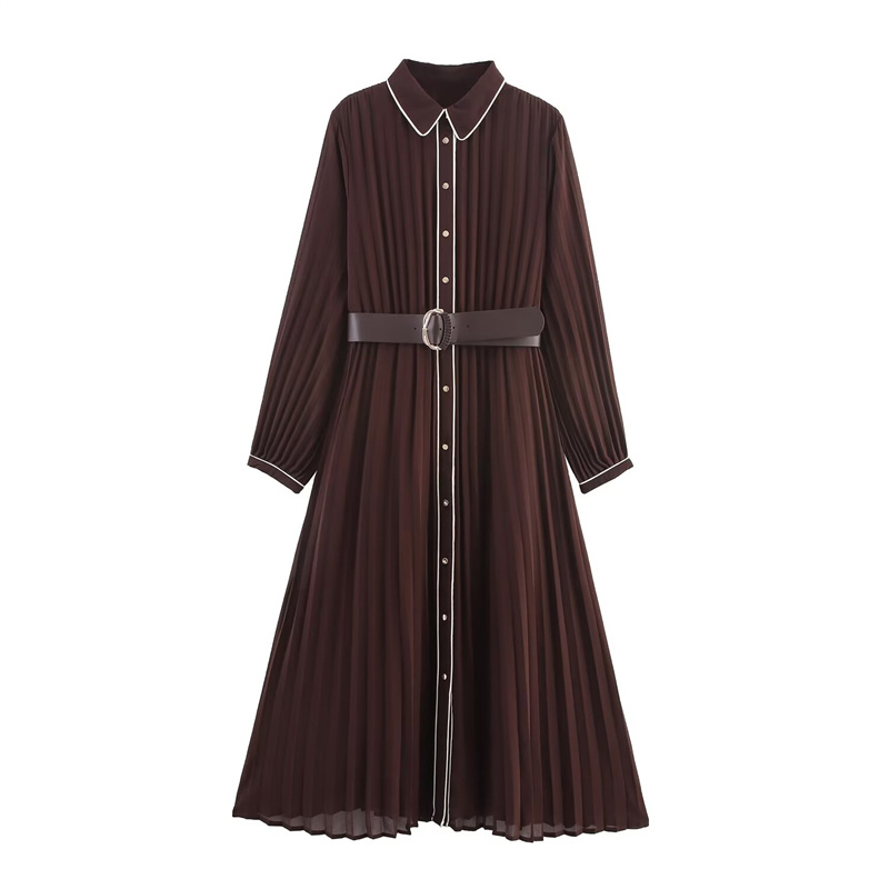 Robes pour femmes nouvelle automne 2025 Russet manches longues avec ceinture plissée ornée robe mi-longue robe Maxi décontracté mode personnalité