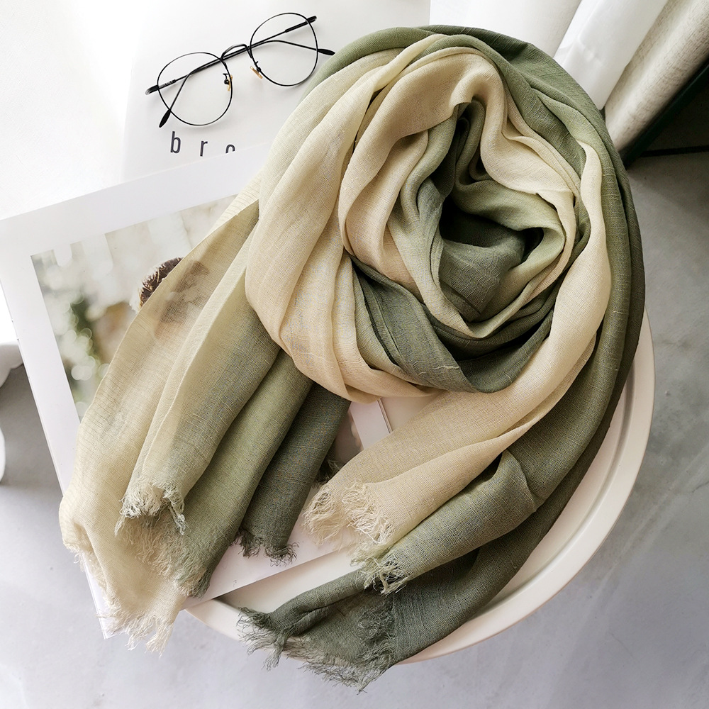 Écharpe unisexe en coton et lin de style japonais, dégradé de couleurs, automne-hiver, longues écharpes et châles doux, bufanda courte à franges pour femme