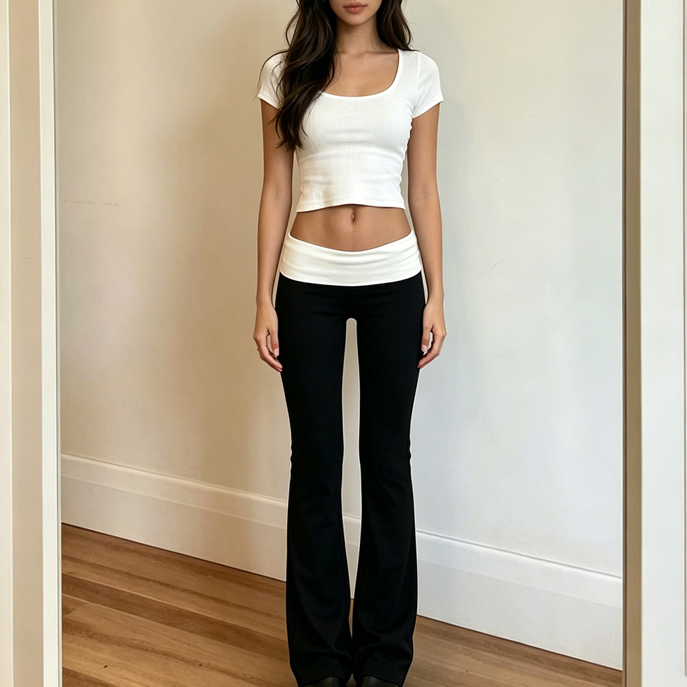 Pantalon évasé pliable pour femme, style décontracté, couleur contrastante, taille élastique, coupe cloche, streetwear Y2K ﻿